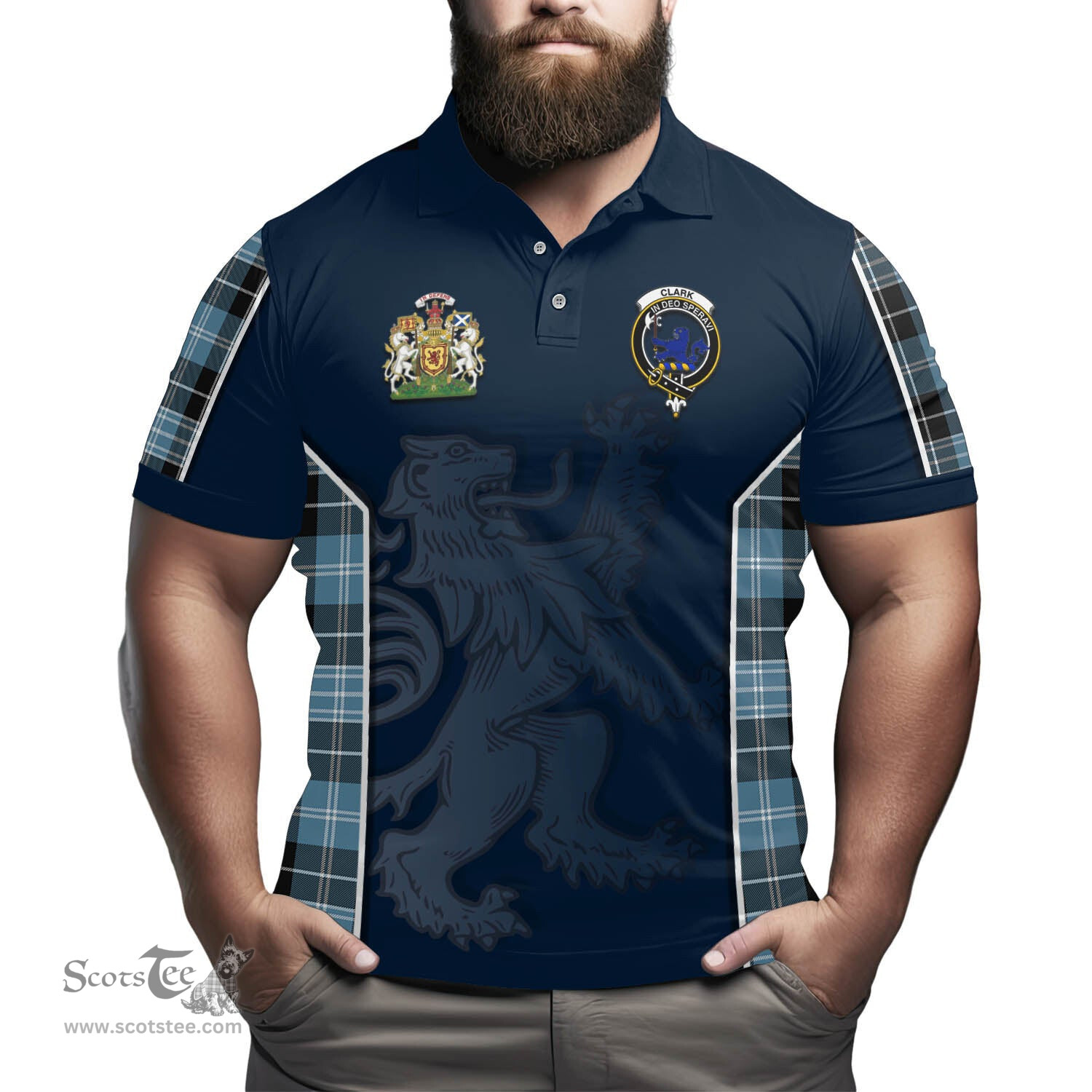 ScotsTee Shop Scottish Clark (Lion) Ancient Clan Scottish Crest and Scottish Lion Rampant Sport Tartan Polo Shirt