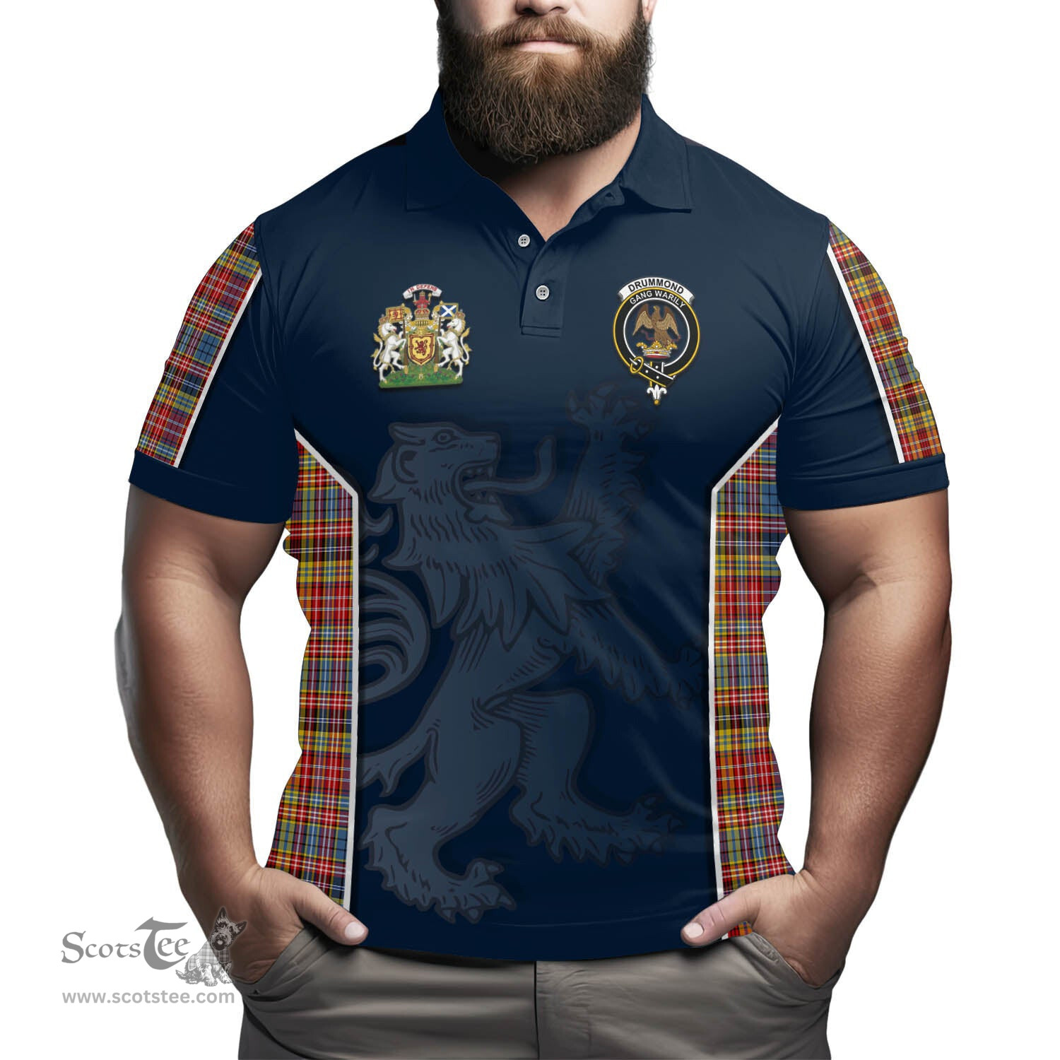 ScotsTee Shop Scottish Drummond of Strathallan Modern Clan Scottish Crest and Scottish Lion Rampant Sport Tartan Polo Shirt