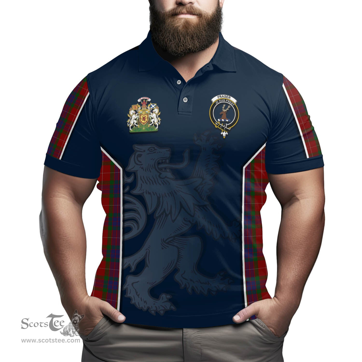 ScotsTee Shop Scottish Fraser Clan Scottish Crest and Scottish Lion Rampant Sport Tartan Polo Shirt