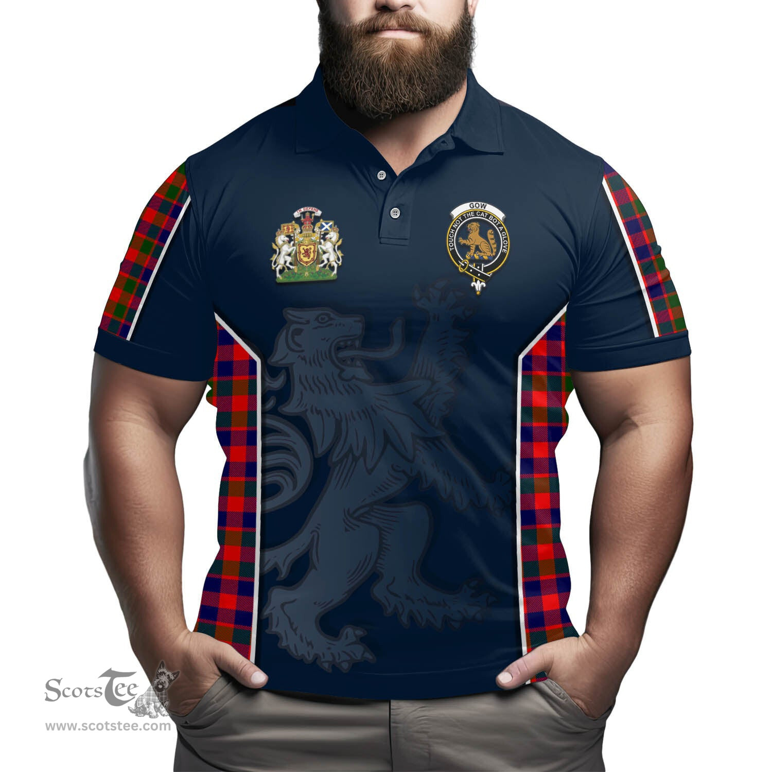 ScotsTee Shop Scottish Gow Modern Clan Scottish Crest and Scottish Lion Rampant Sport Tartan Polo Shirt