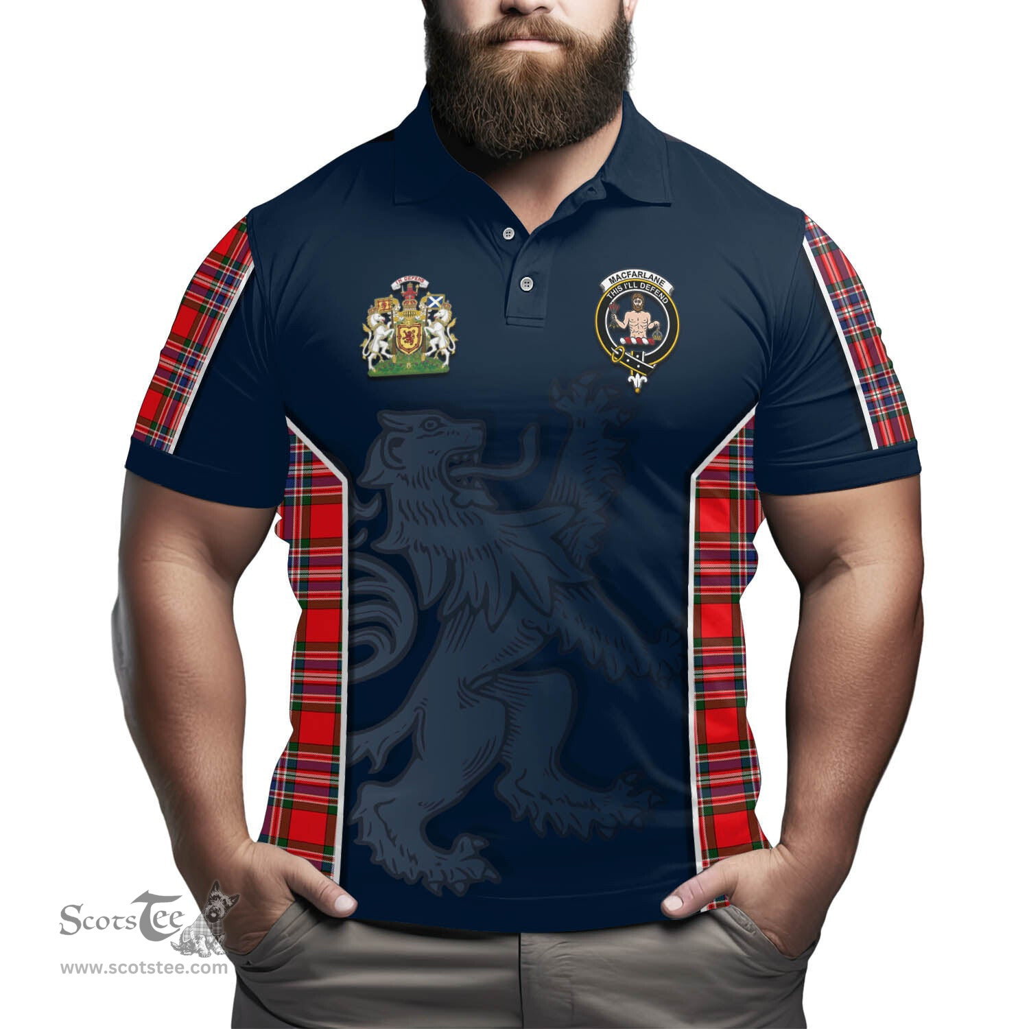 ScotsTee Shop Scottish MacFarlane Modern Clan Scottish Crest and Scottish Lion Rampant Sport Tartan Polo Shirt
