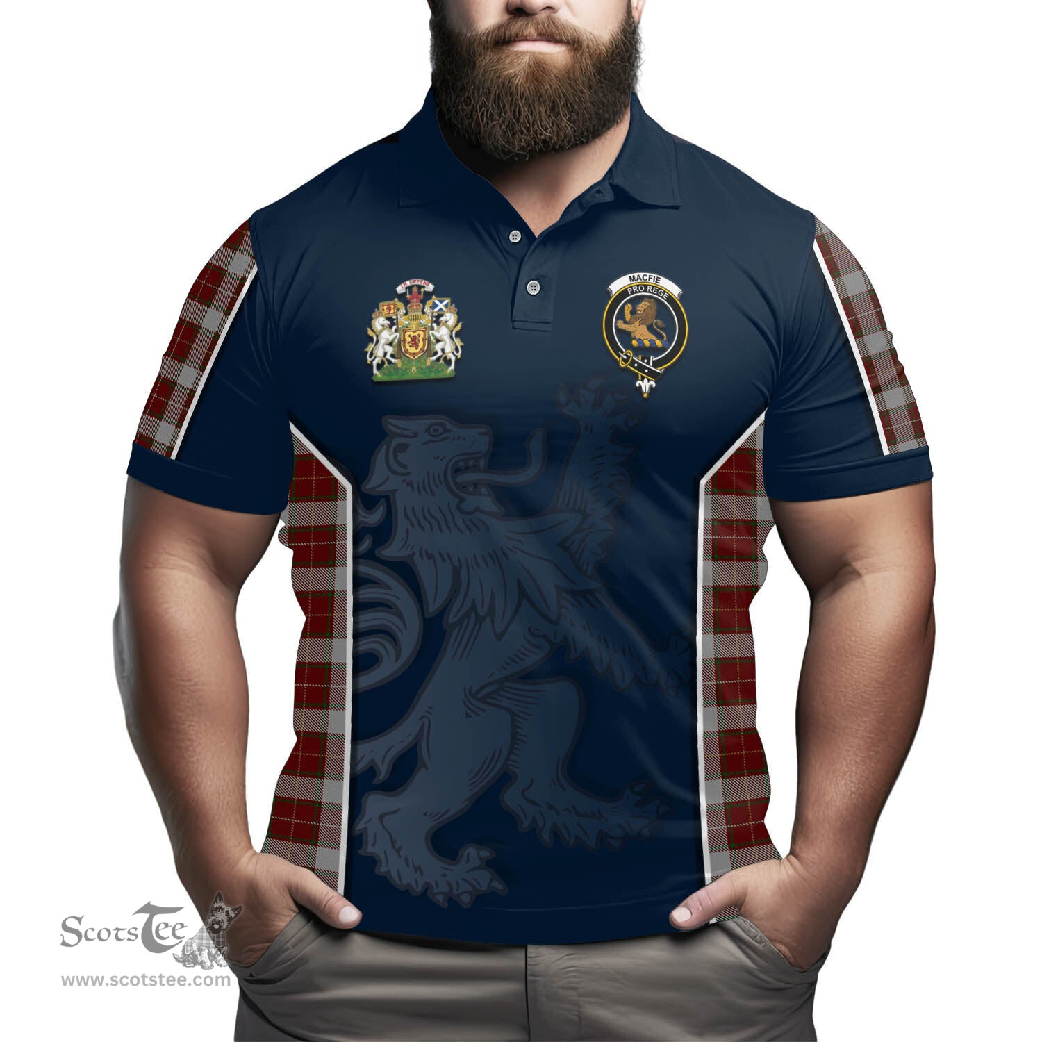 ScotsTee Shop Scottish MacFie Dress Clan Scottish Crest and Scottish Lion Rampant Sport Tartan Polo Shirt