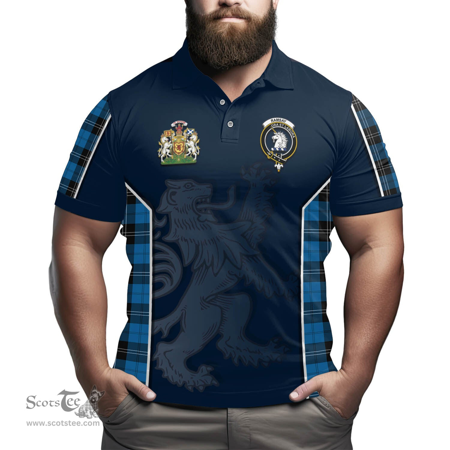 ScotsTee Shop Scottish Ramsay Blue Ancient Clan Scottish Crest and Scottish Lion Rampant Sport Tartan Polo Shirt