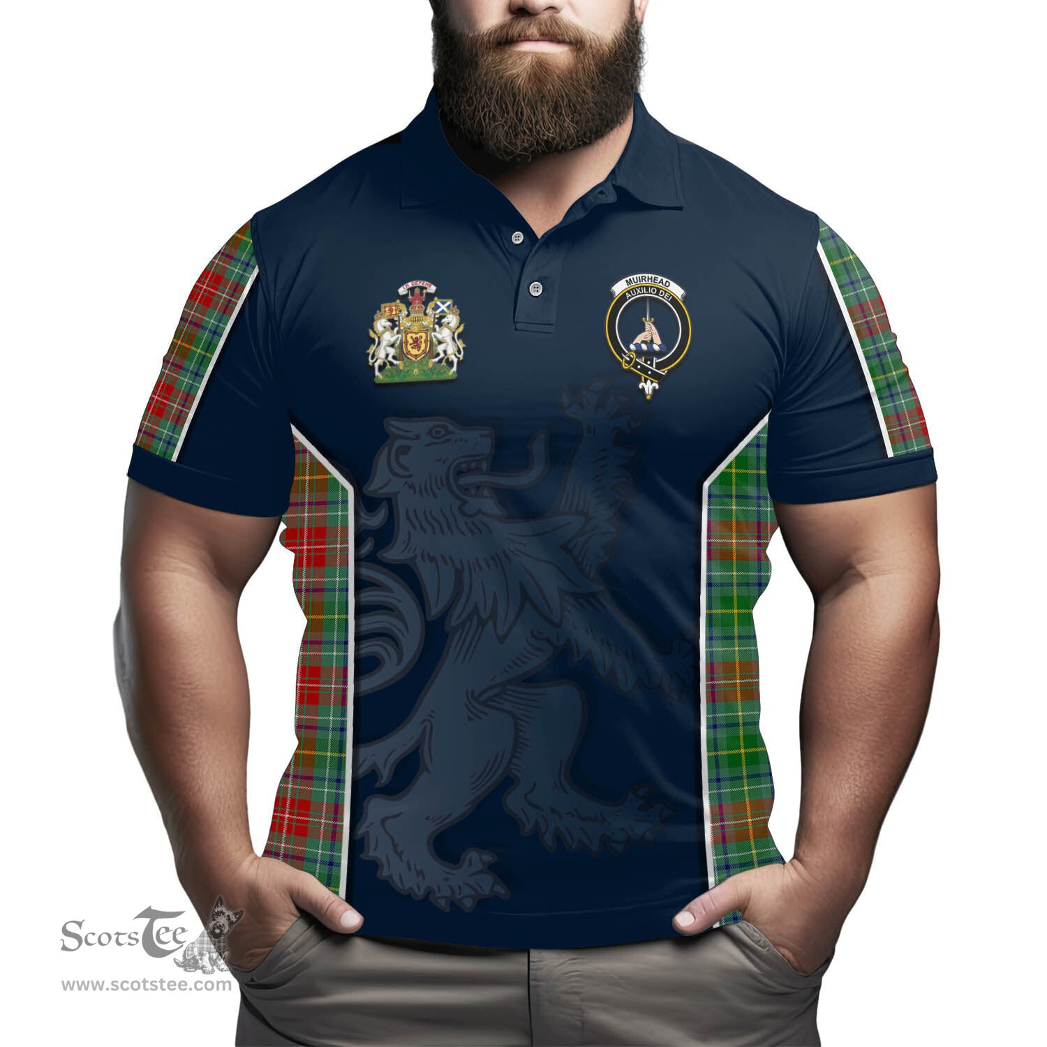 ScotsTee Shop Scottish Muirhead Clan Scottish Crest and Scottish Lion Rampant Sport Tartan Polo Shirt