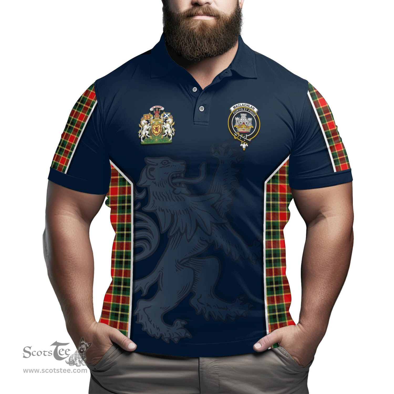 ScotsTee Shop Scottish MacLachlan Hunting Modern Clan Scottish Crest and Scottish Lion Rampant Sport Tartan Polo Shirt