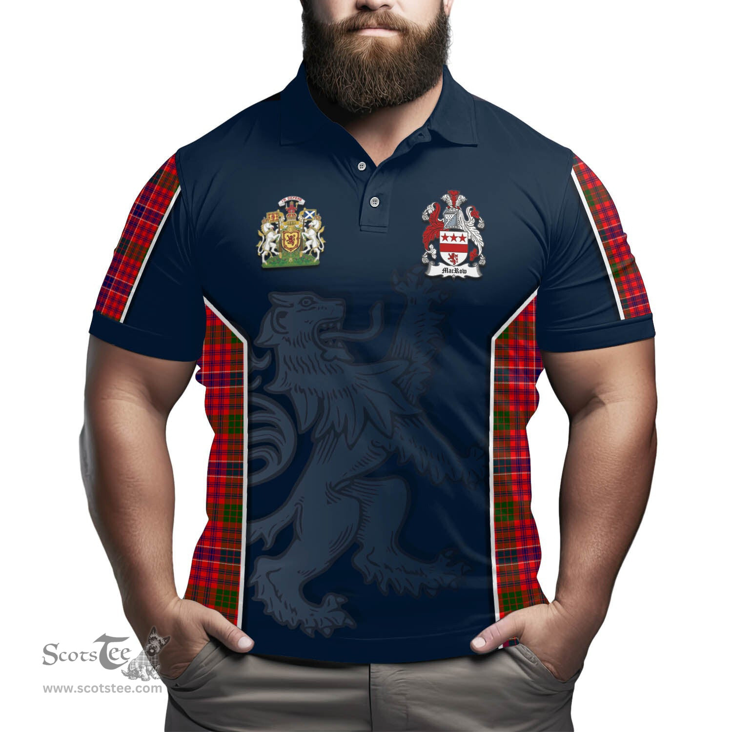 ScotsTee Shop Scottish MacRow Clan Scottish Crest and Scottish Lion Rampant Sport Tartan Polo Shirt