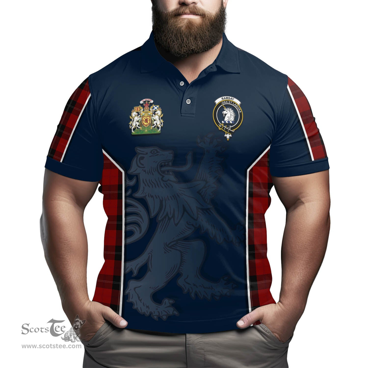 ScotsTee Shop Scottish Ramsay Clan Scottish Crest and Scottish Lion Rampant Sport Tartan Polo Shirt