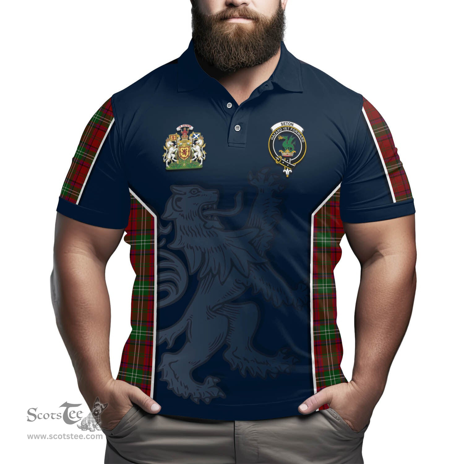 ScotsTee Shop Scottish Seton Clan Scottish Crest and Scottish Lion Rampant Sport Tartan Polo Shirt