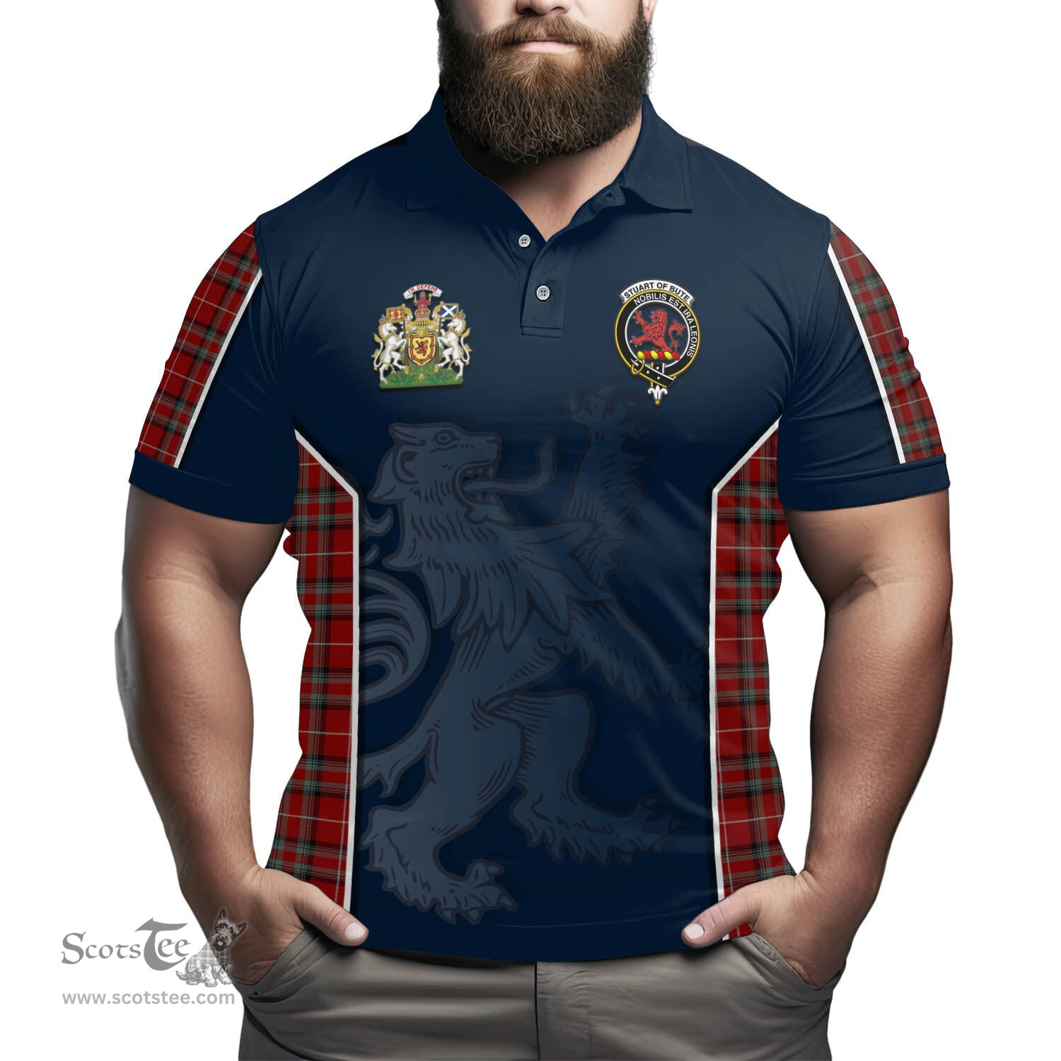 ScotsTee Shop Scottish Stuart of Bute Clan Scottish Crest and Scottish Lion Rampant Sport Tartan Polo Shirt