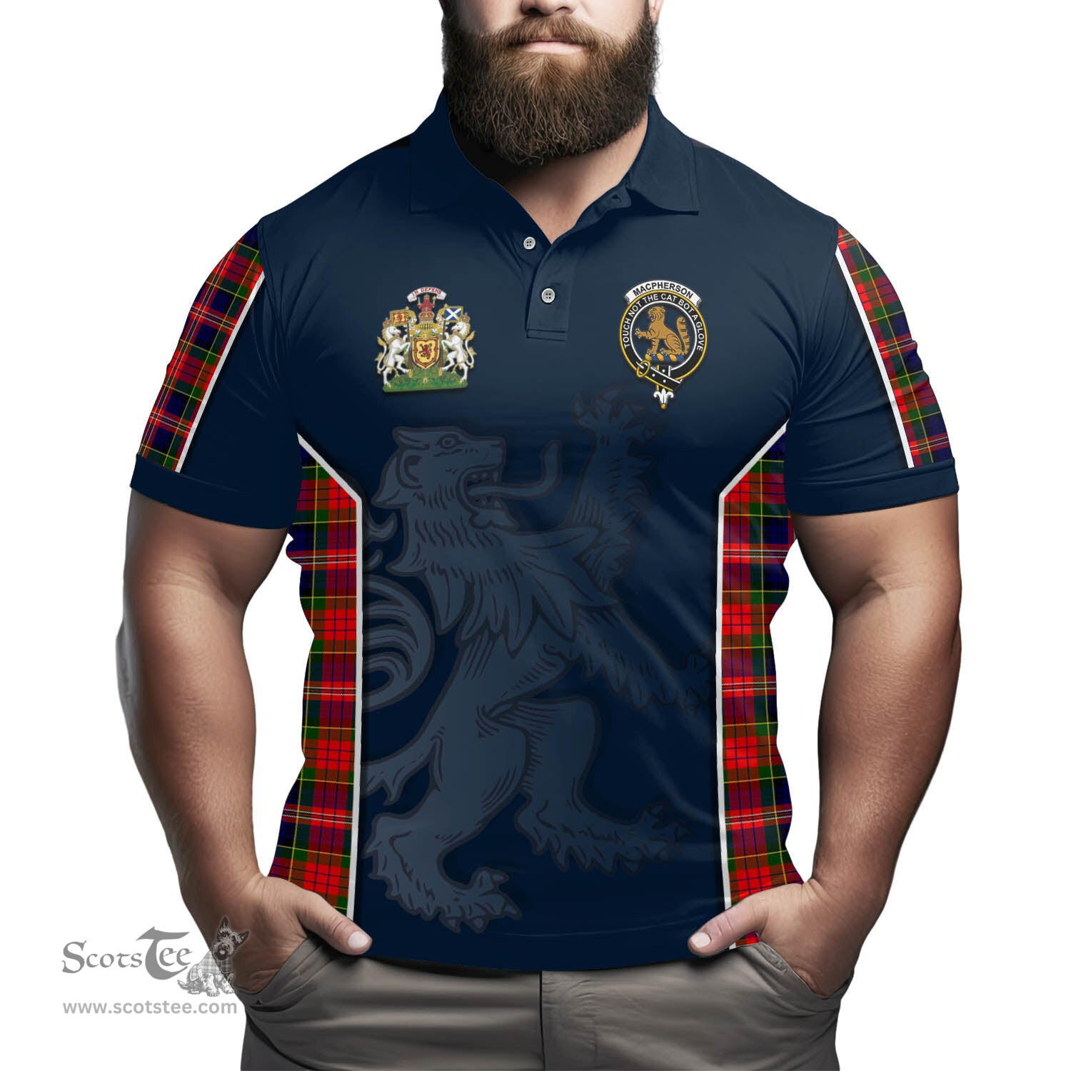 ScotsTee Shop Scottish MacPherson Modern Clan Scottish Crest and Scottish Lion Rampant Sport Tartan Polo Shirt