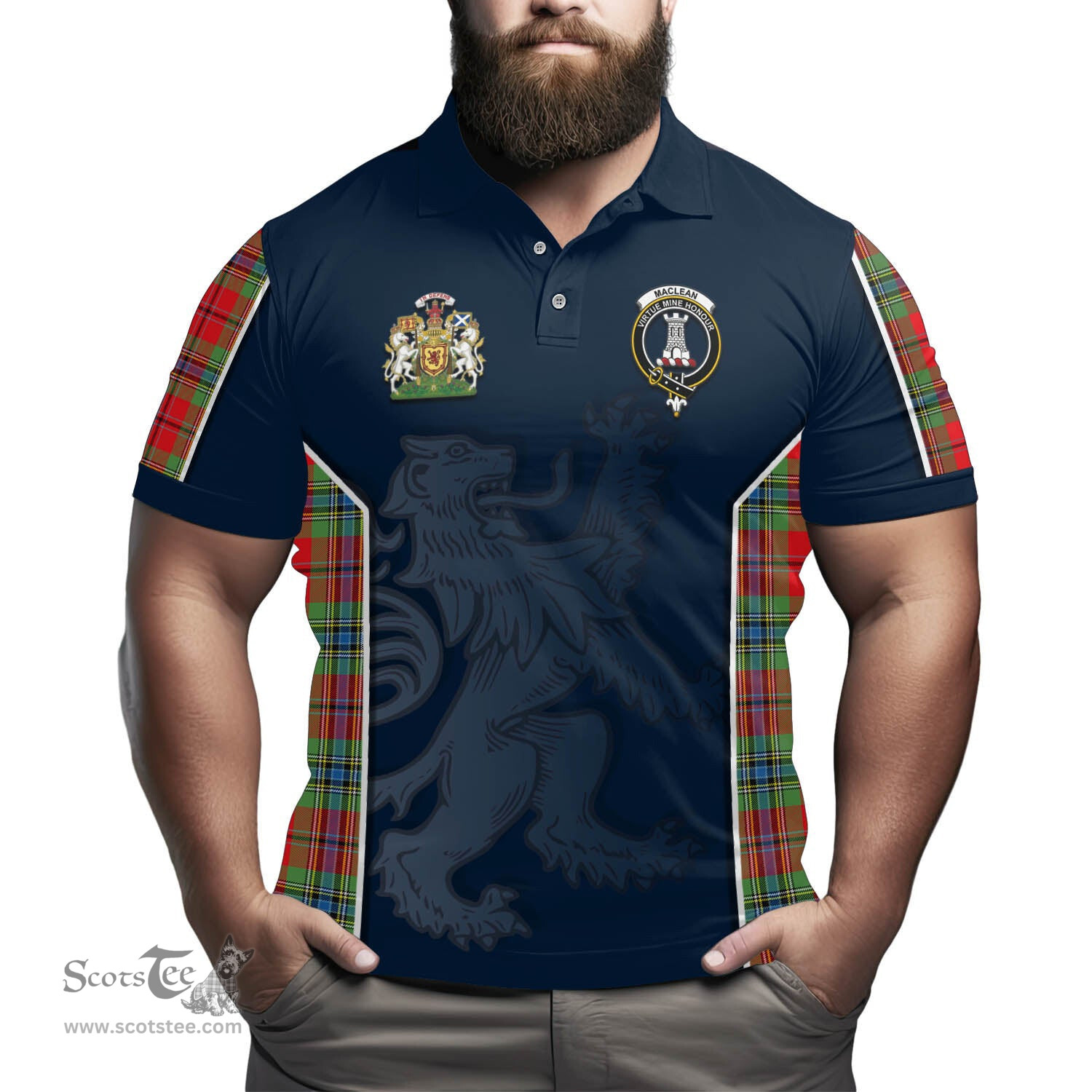 ScotsTee Shop Scottish MacLean of Duart Modern Clan Scottish Crest and Scottish Lion Rampant Sport Tartan Polo Shirt
