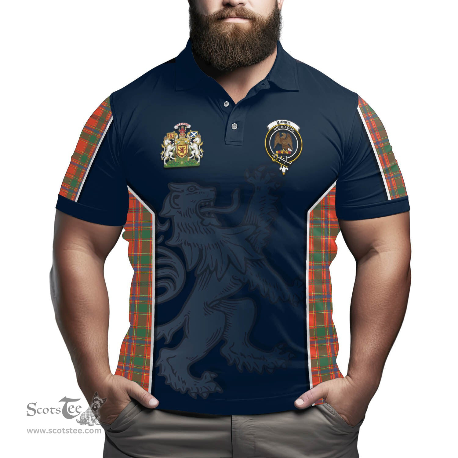 ScotsTee Shop Scottish Munro Ancient Clan Scottish Crest and Scottish Lion Rampant Sport Tartan Polo Shirt