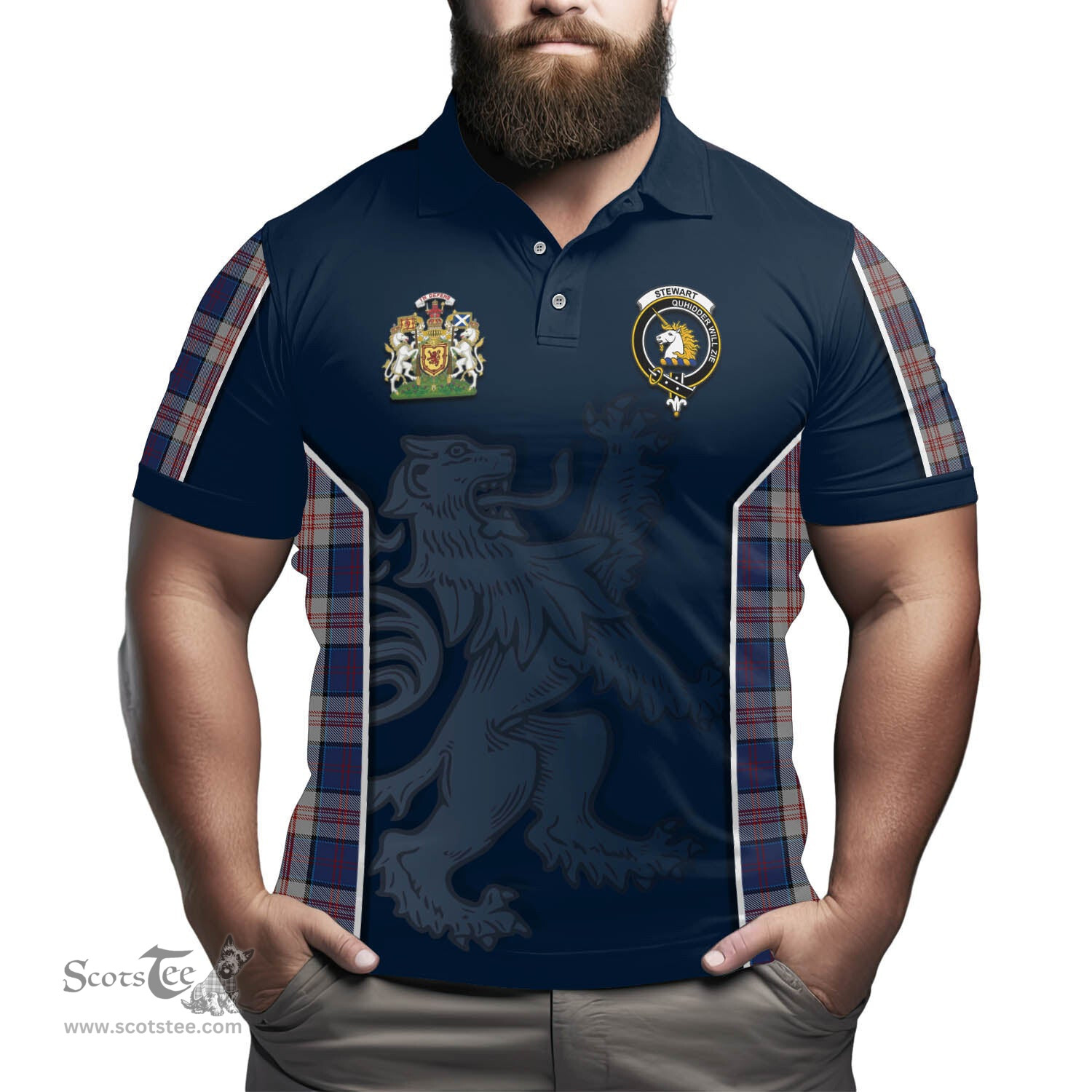 ScotsTee Shop Scottish Stewart of Appin Hunting Dress Clan Scottish Crest and Scottish Lion Rampant Sport Tartan Polo Shirt