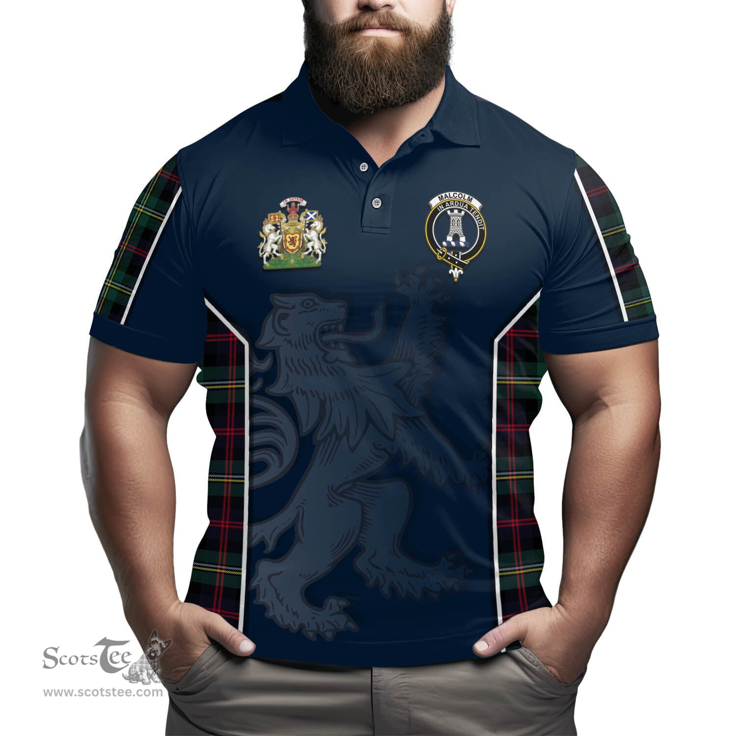 ScotsTee Shop Scottish Malcolm Modern Clan Scottish Crest and Scottish Lion Rampant Sport Tartan Polo Shirt