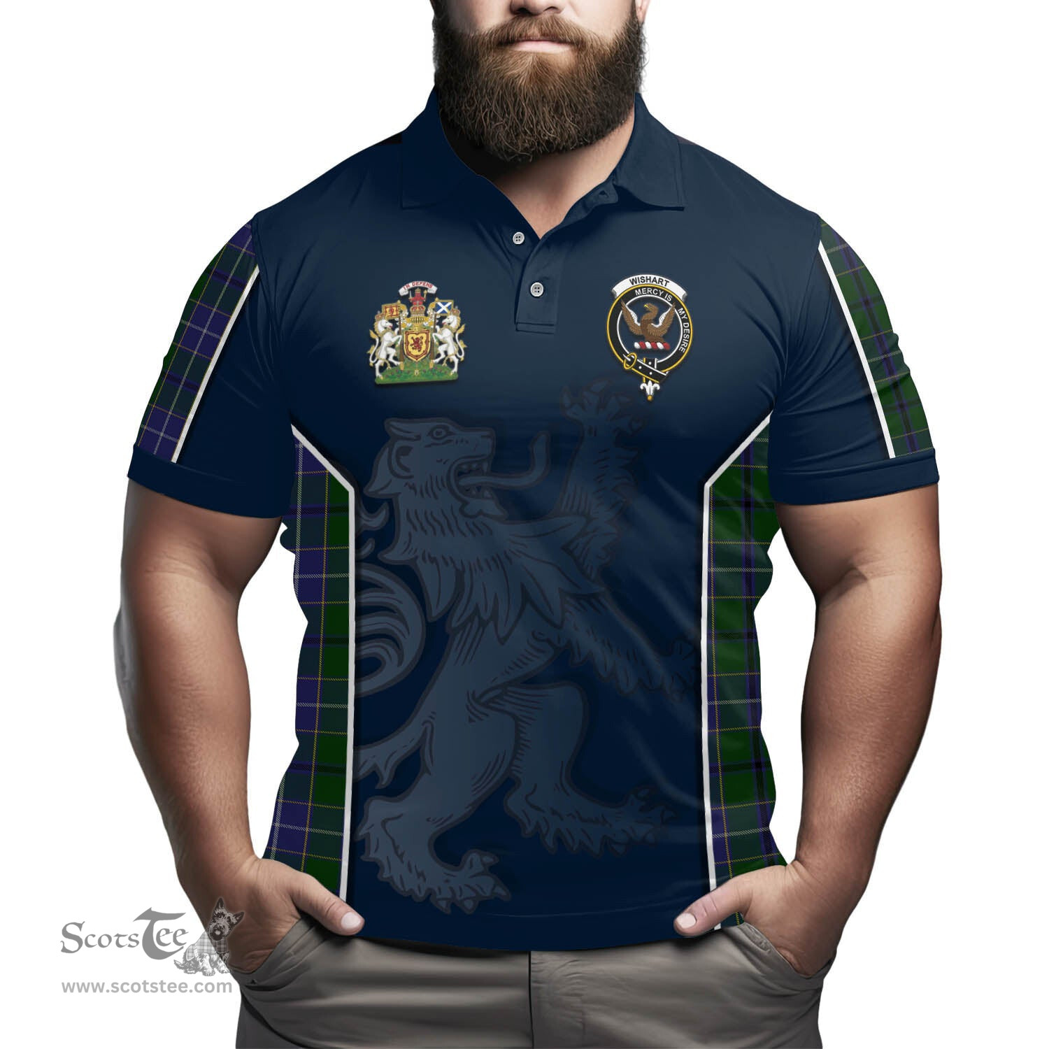 ScotsTee Shop Scottish Wishart Hunting Clan Scottish Crest and Scottish Lion Rampant Sport Tartan Polo Shirt