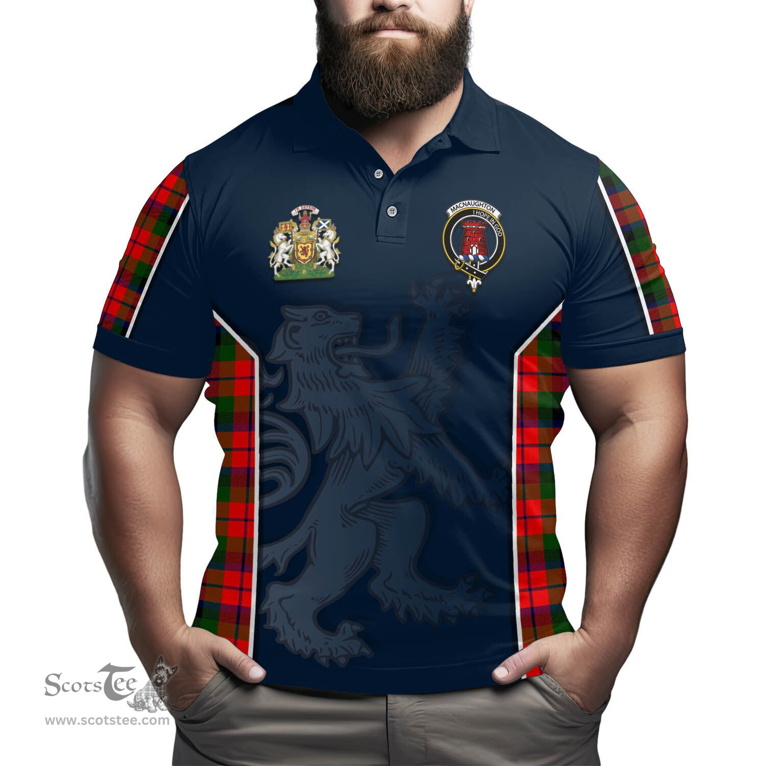 ScotsTee Shop Scottish MacNaughton Modern Clan Scottish Crest and Scottish Lion Rampant Sport Tartan Polo Shirt