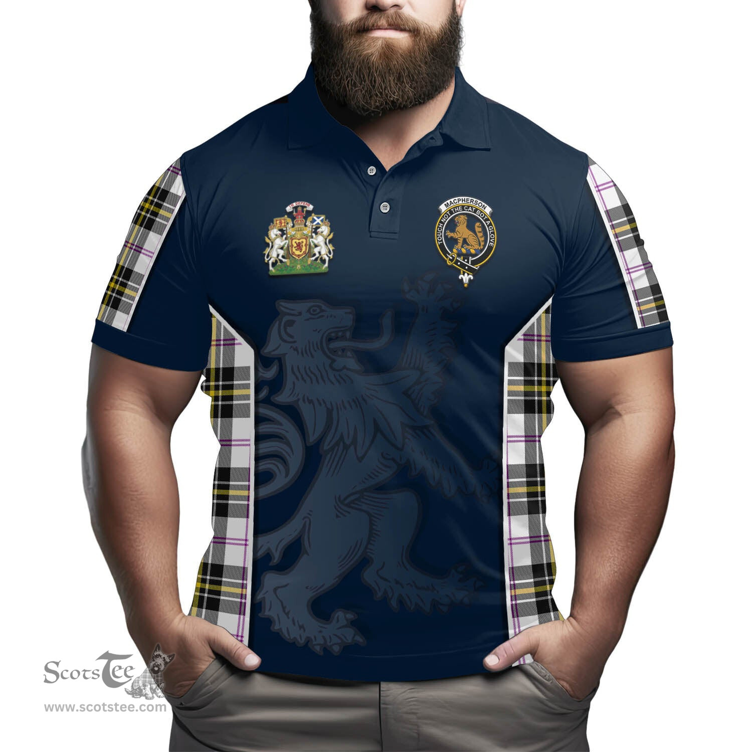 ScotsTee Shop Scottish MacPherson Dress Modern Clan Scottish Crest and Scottish Lion Rampant Sport Tartan Polo Shirt