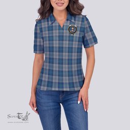 Scottish Menzies Dress Blue and White Clan Tartan Polo Shirt with Family Crest For Women, Women's Scottish Polo Shirt Scottish Plaid Tartan Plaid - ScotsTee - scotstee.com