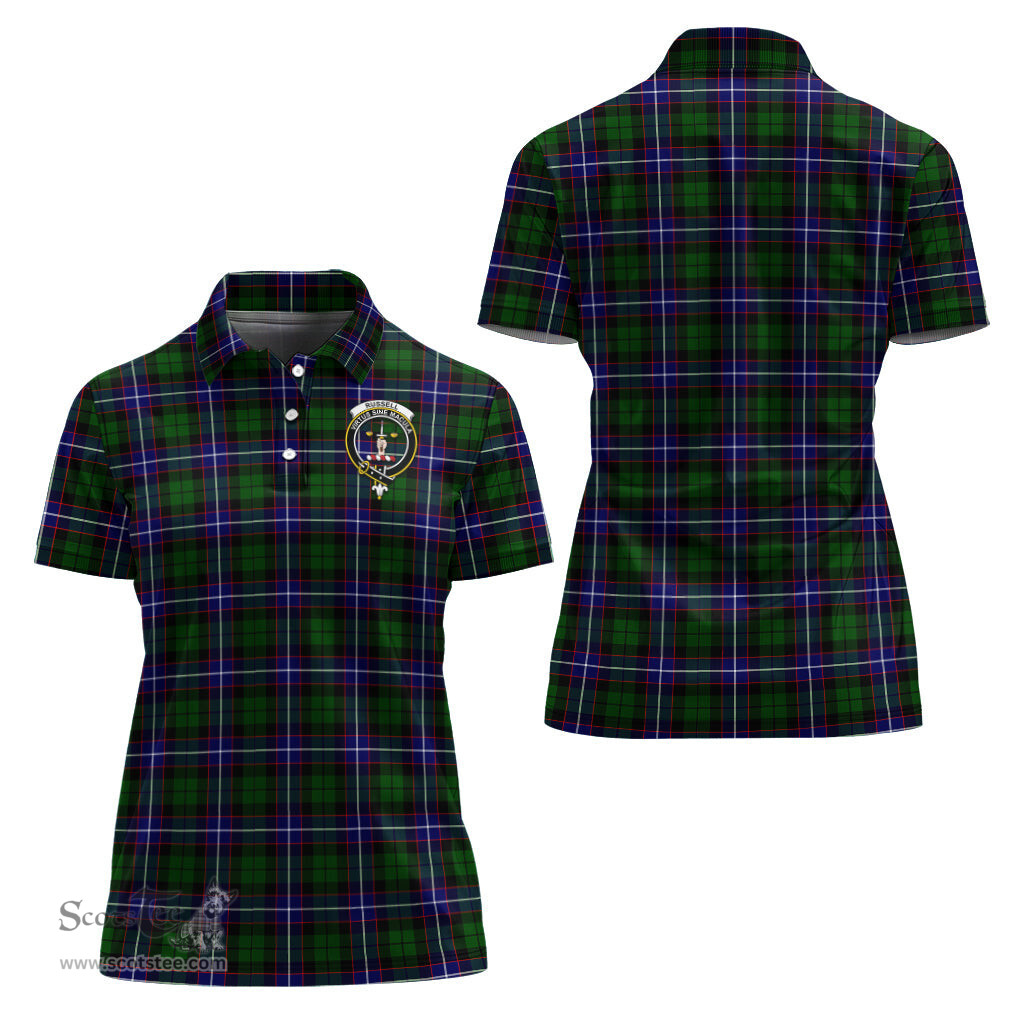Scottish Russell Modern Clan Tartan Polo Shirt with Family Crest For Women, Women's Scottish Polo Shirt Scottish Plaid Tartan Plaid - ScotsTee - scotstee.com