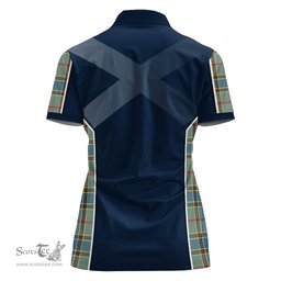 ScotsTee Shop Scottish Balfour Blue Clan Scottish Crest and Scottish Thistle Sport Tartan Womens Polo Shirt