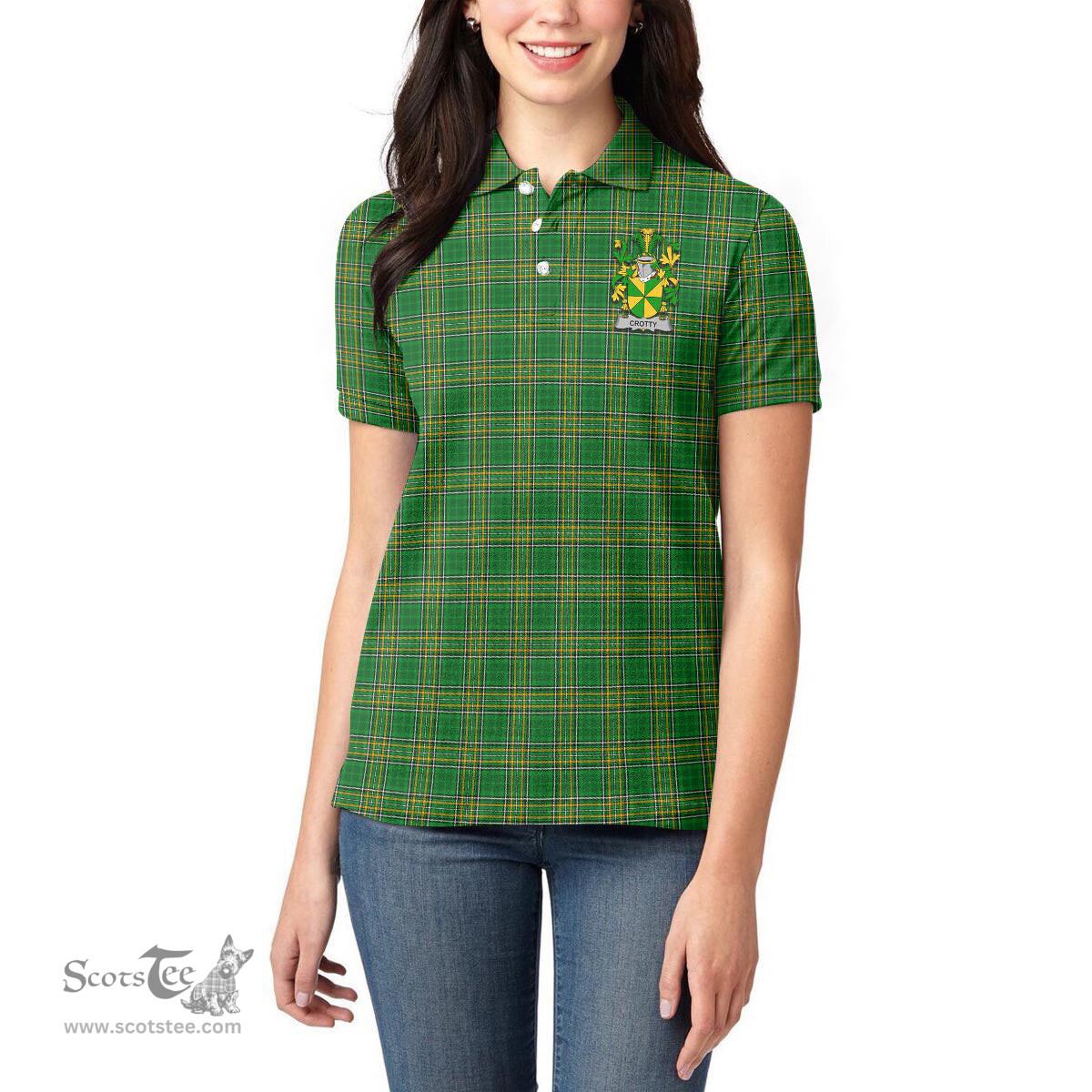 ScotsTee Shop Irish Crotty Coat of Arms Family Crest Ireland Shirt Irish National Tartan Irish Womens Polo Shirt