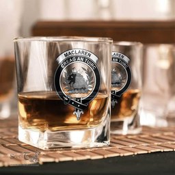 ScotsTee Shop Scottish MacLaren Weathered Clan Crest Decanter Set Scottish Glass Decanter and Glasses in Thistle Wooden Box