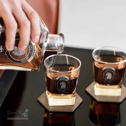 ScotsTee Shop Scottish Ramsay Blue Ancient Clan Crest Decanter Set Scottish Glass Decanter and Glasses in Thistle Wooden Box