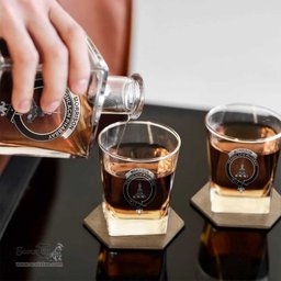 ScotsTee Shop Scottish Morrison Ancient Clan Crest Decanter Set Scottish Glass Decanter and Glasses in Thistle Wooden Box