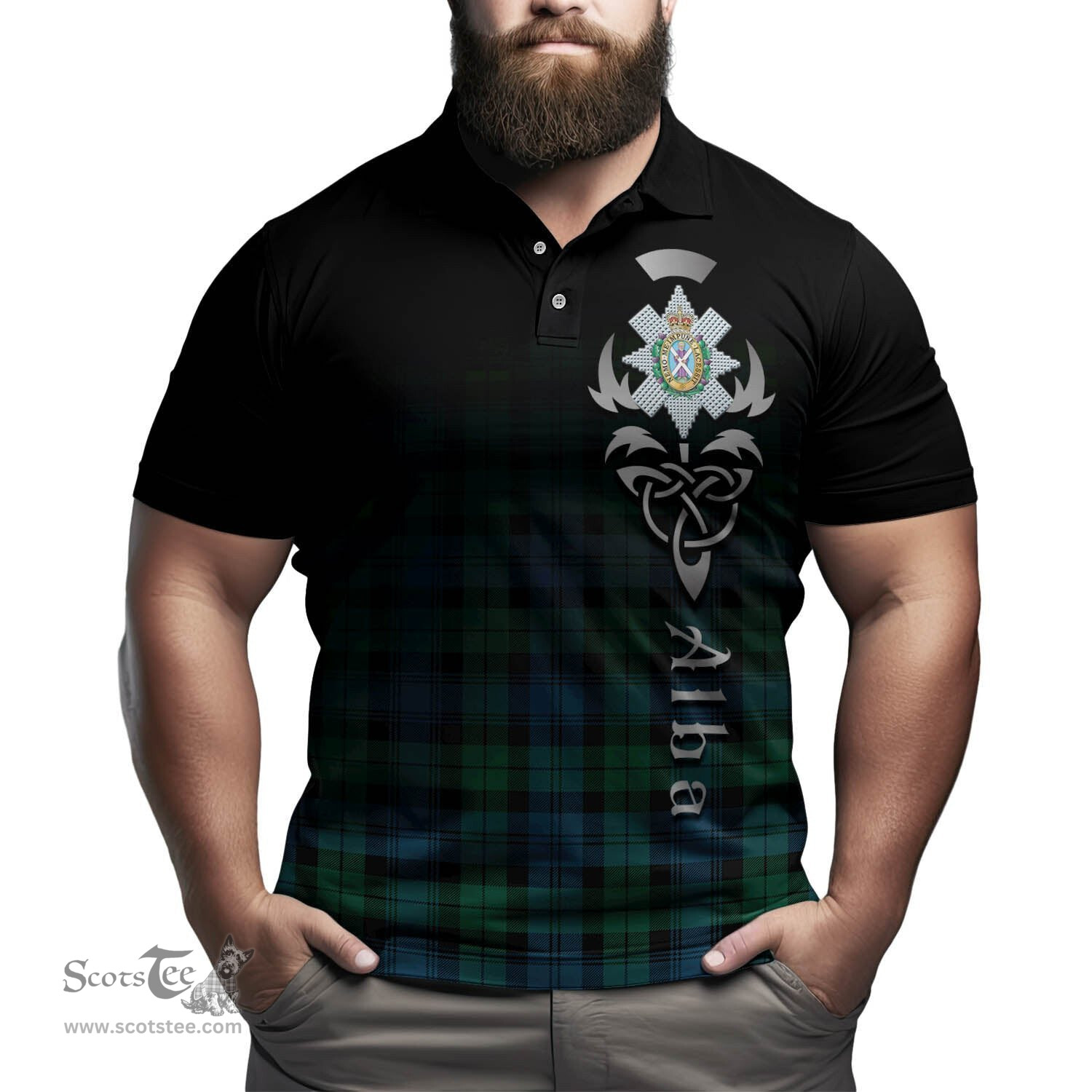 ScotsTee Shop Scottish Black Watch Ancient Clan Crest Tartan Polo Shirt Featuring Alba Gu Brath Scotland Forever and Ever Celtic Cross