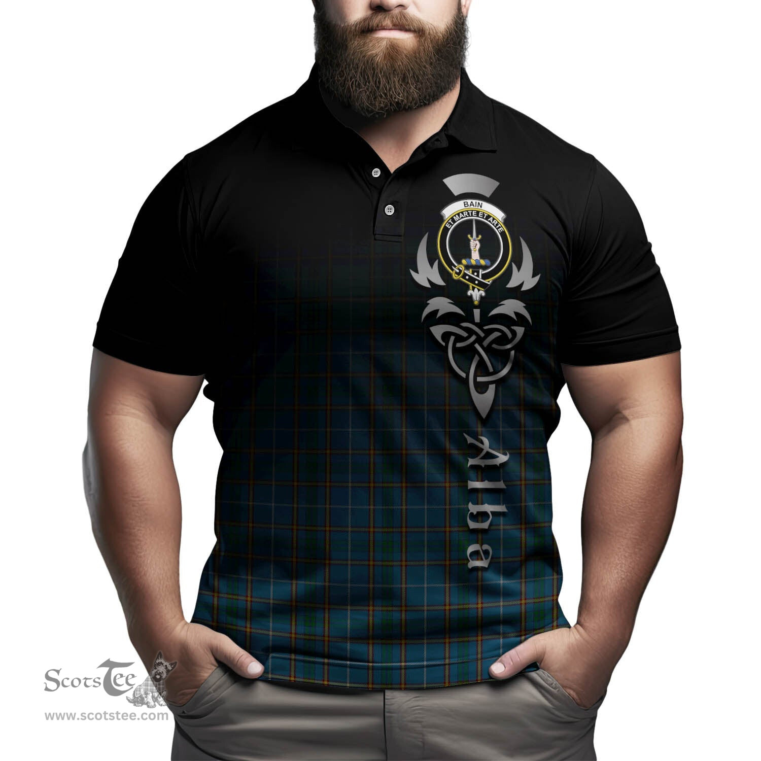 ScotsTee Shop Scottish Bain Clan Crest Tartan Polo Shirt Featuring Alba Gu Brath Scotland Forever and Ever Celtic Cross