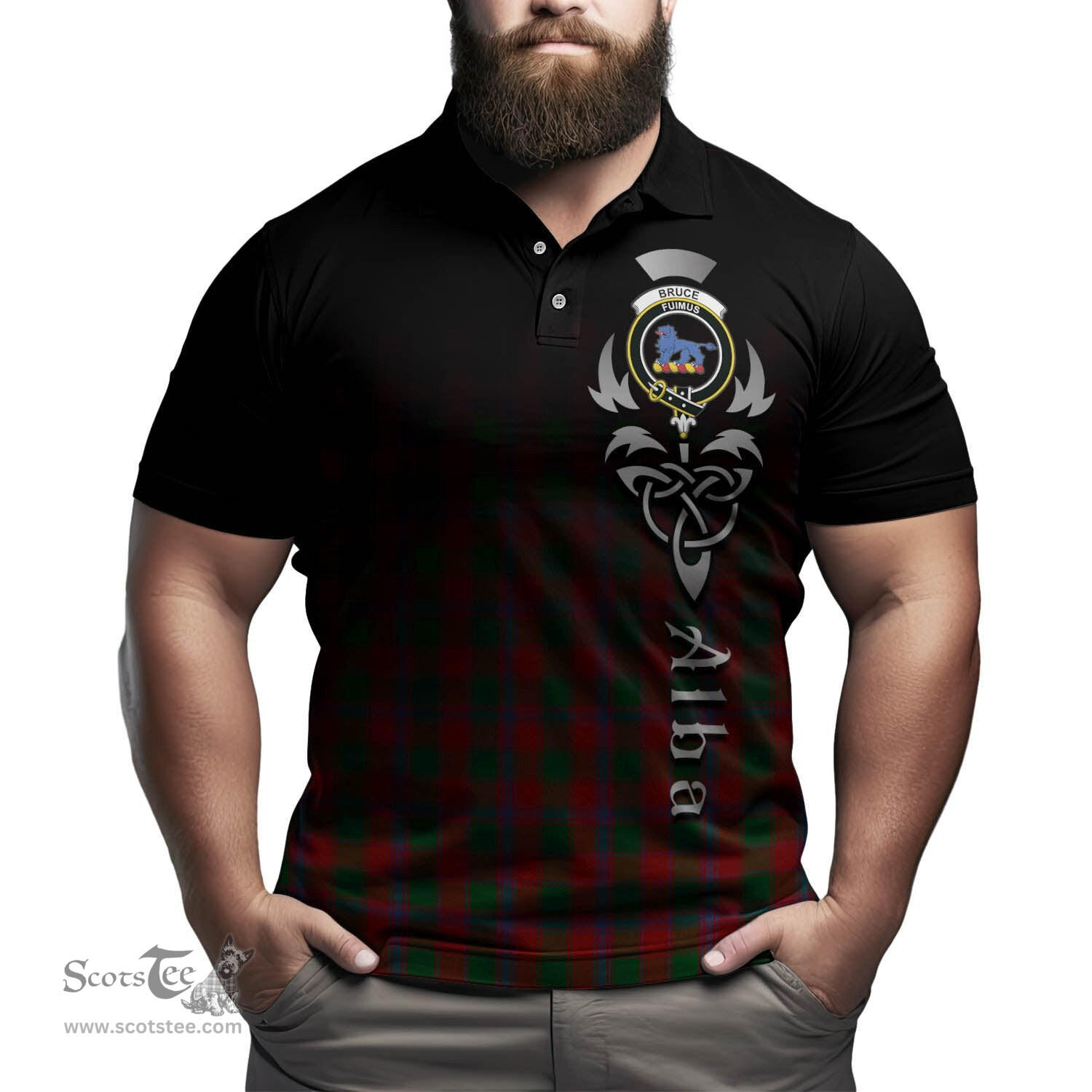 ScotsTee Shop Scottish Bruce Old Clan Crest Tartan Polo Shirt Featuring Alba Gu Brath Scotland Forever and Ever Celtic Cross