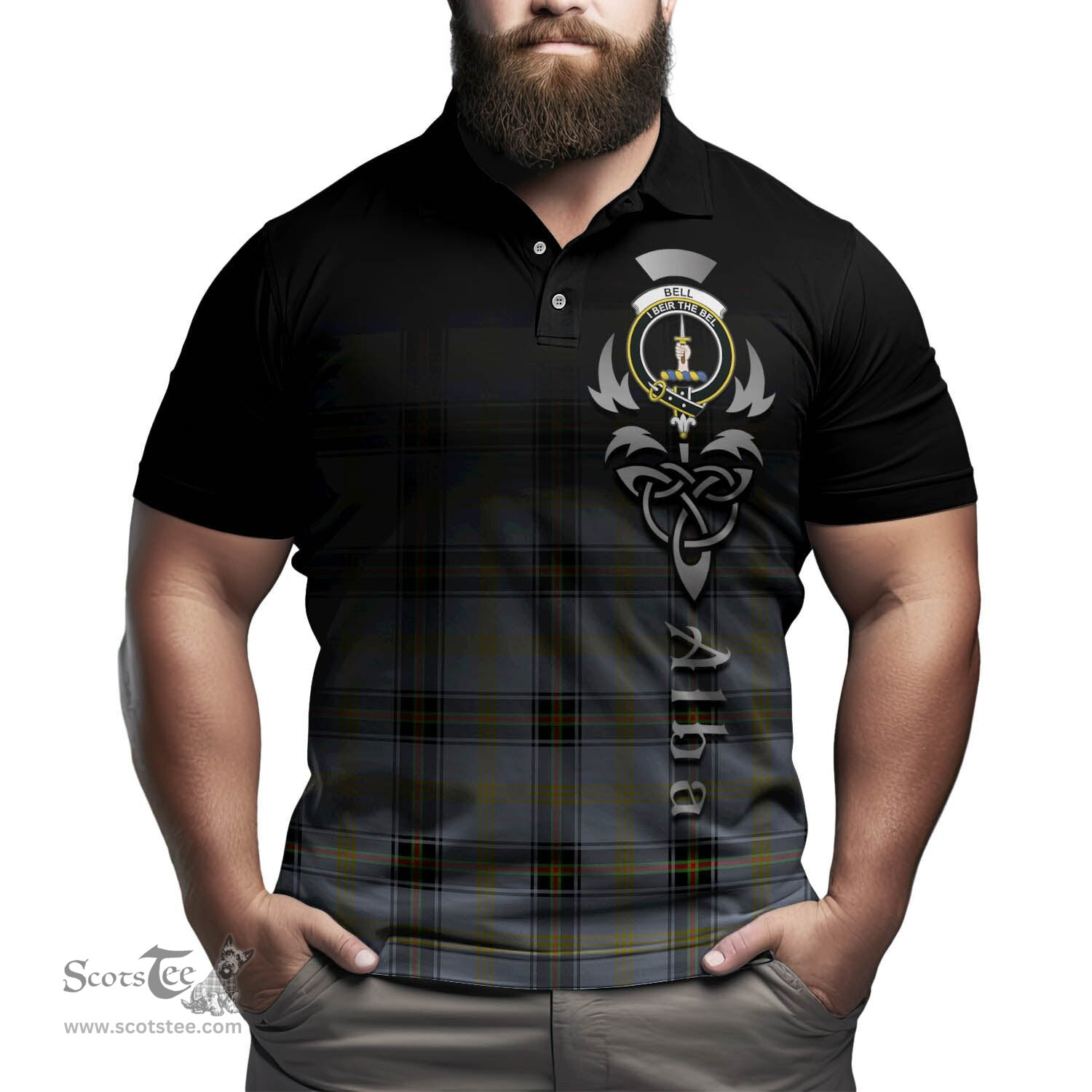 ScotsTee Shop Scottish Bell Clan Crest Tartan Polo Shirt Featuring Alba Gu Brath Scotland Forever and Ever Celtic Cross