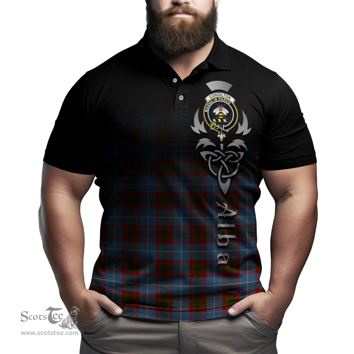 ScotsTee Shop Scottish Congilton Clan Crest Tartan Polo Shirt Featuring Alba Gu Brath Scotland Forever and Ever Celtic Cross