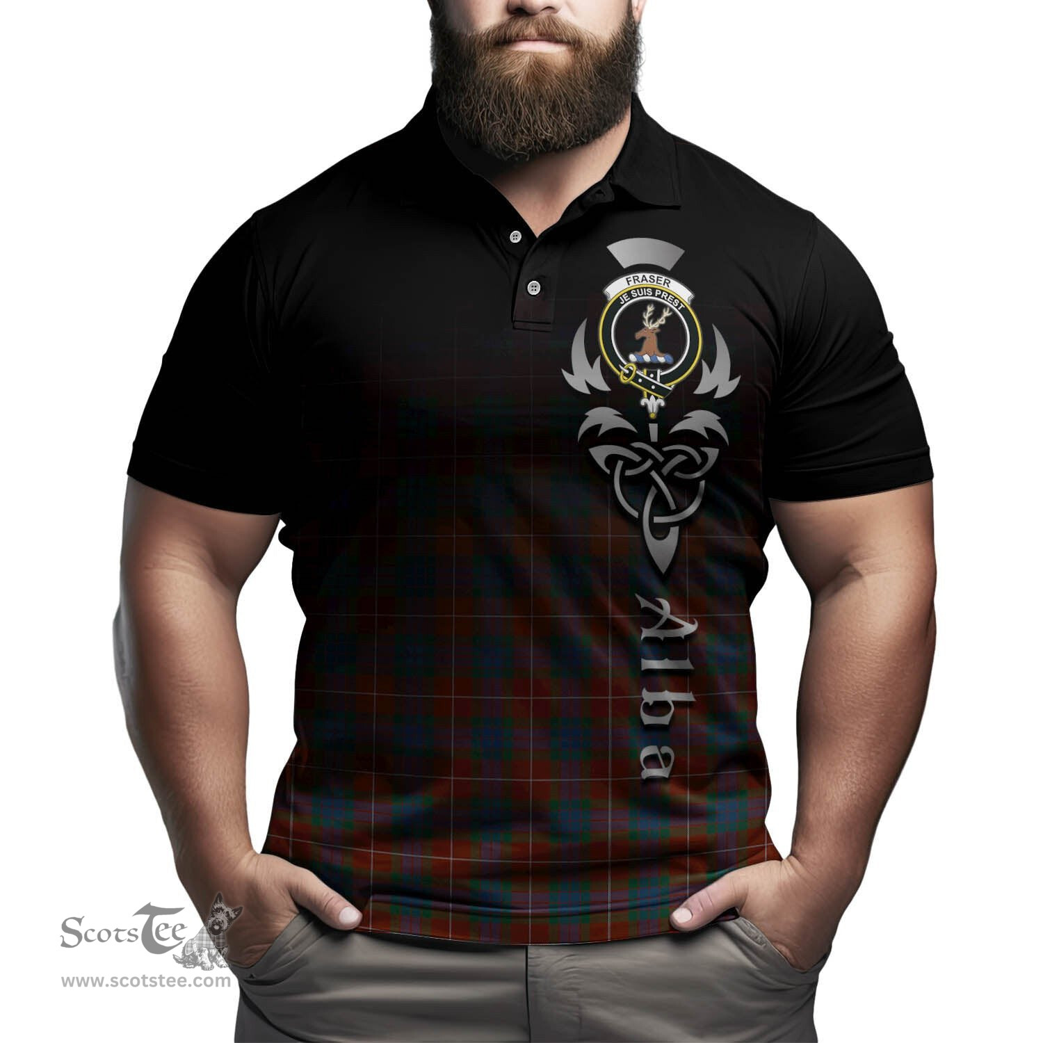 ScotsTee Shop Scottish Fraser Ancient Clan Crest Tartan Polo Shirt Featuring Alba Gu Brath Scotland Forever and Ever Celtic Cross