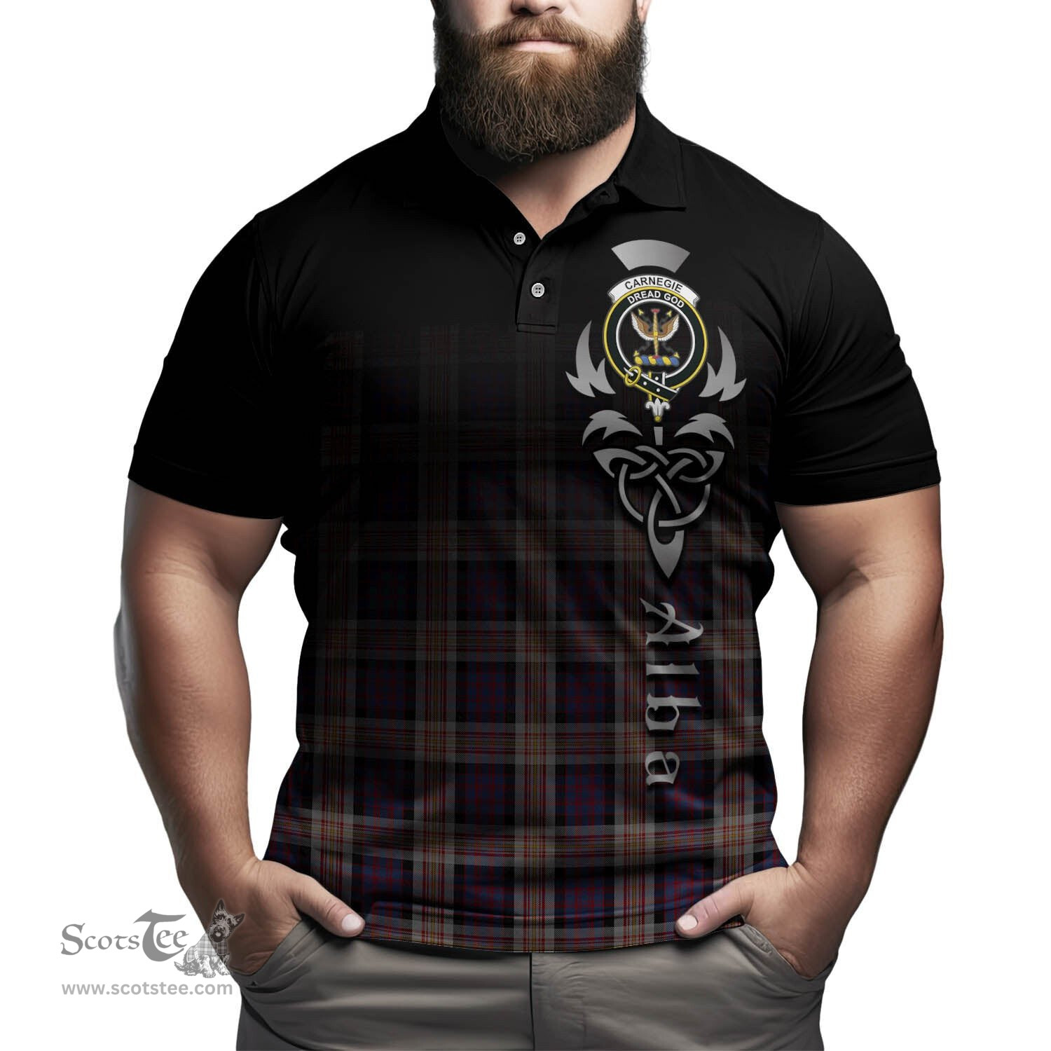 ScotsTee Shop Scottish Carnegie Clan Crest Tartan Polo Shirt Featuring Alba Gu Brath Scotland Forever and Ever Celtic Cross