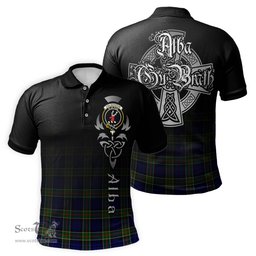 ScotsTee Shop Scottish Colquhoun Modern Clan Crest Tartan Polo Shirt Featuring Alba Gu Brath Scotland Forever and Ever Celtic Cross