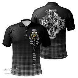 ScotsTee Shop Scottish Douglas Grey Modern Clan Crest Tartan Polo Shirt Featuring Alba Gu Brath Scotland Forever and Ever Celtic Cross