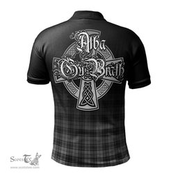 ScotsTee Shop Scottish Douglas Grey Modern Clan Crest Tartan Polo Shirt Featuring Alba Gu Brath Scotland Forever and Ever Celtic Cross