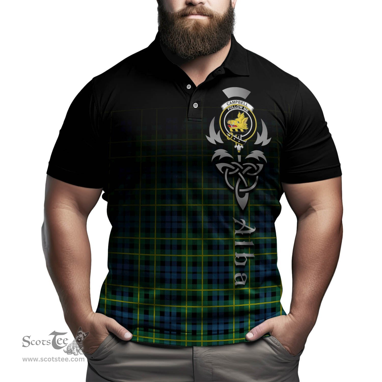 ScotsTee Shop Scottish Campbell of Breadalbane Ancient Clan Crest Tartan Polo Shirt Featuring Alba Gu Brath Scotland Forever and Ever Celtic Cross
