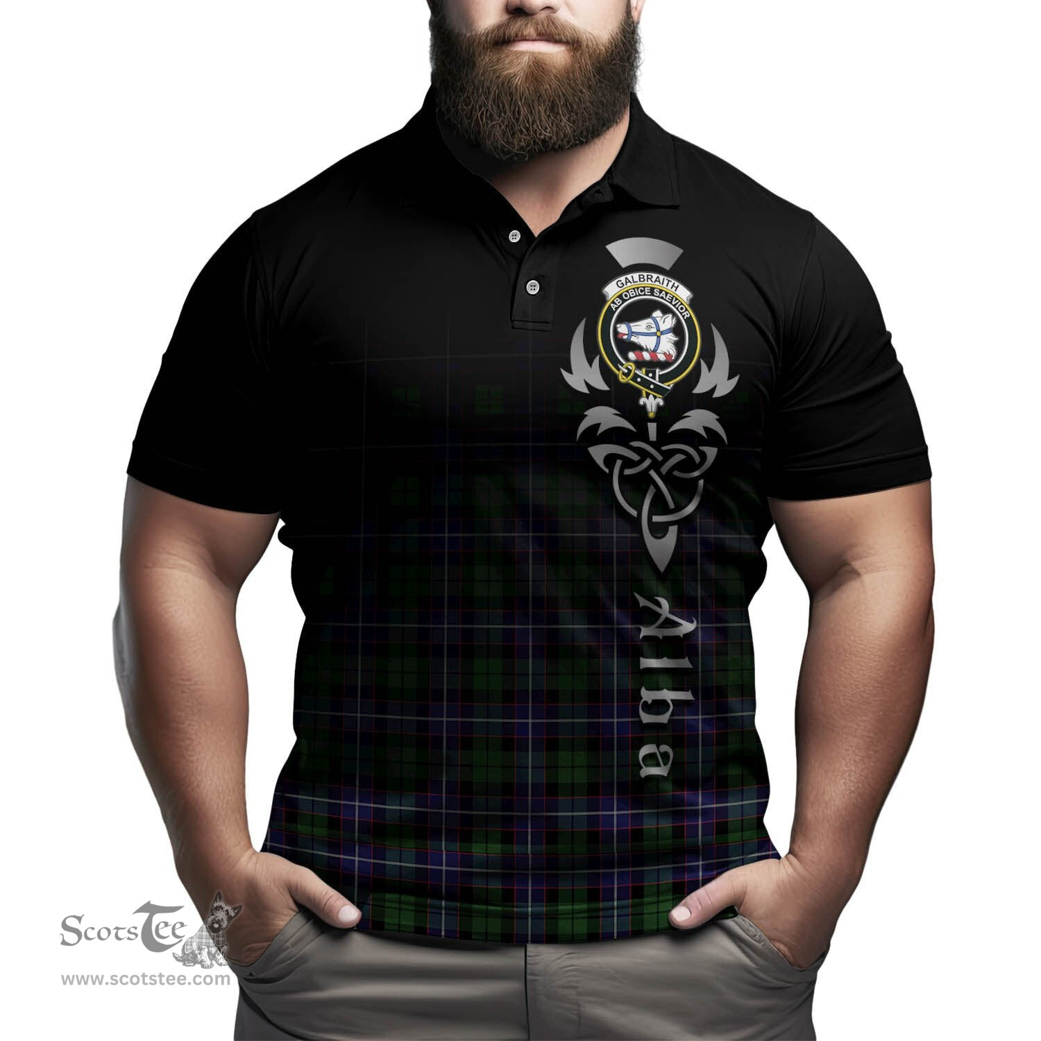 ScotsTee Shop Scottish Galbraith Modern Clan Crest Tartan Polo Shirt Featuring Alba Gu Brath Scotland Forever and Ever Celtic Cross