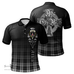 ScotsTee Shop Scottish Erskine Black and White Clan Crest Tartan Polo Shirt Featuring Alba Gu Brath Scotland Forever and Ever Celtic Cross