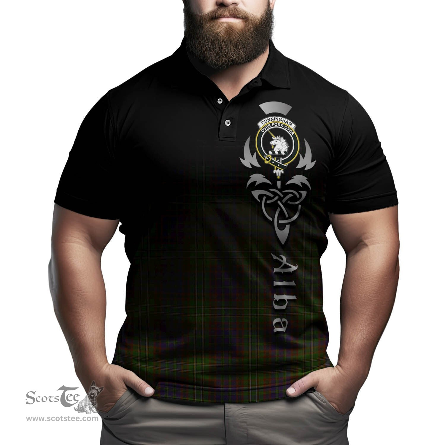 ScotsTee Shop Scottish Cunningham Hunting Modern Clan Crest Tartan Polo Shirt Featuring Alba Gu Brath Scotland Forever and Ever Celtic Cross