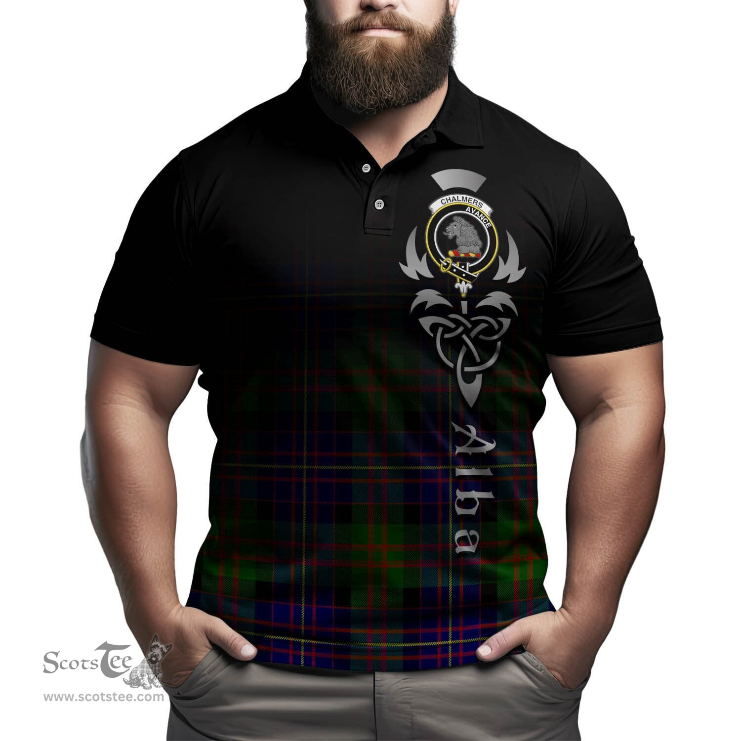 ScotsTee Shop Scottish Chalmers Modern Clan Crest Tartan Polo Shirt Featuring Alba Gu Brath Scotland Forever and Ever Celtic Cross