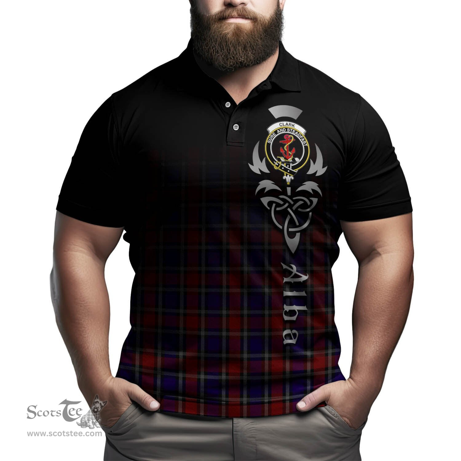 ScotsTee Shop Scottish Clark Red Clan Crest Tartan Polo Shirt Featuring Alba Gu Brath Scotland Forever and Ever Celtic Cross