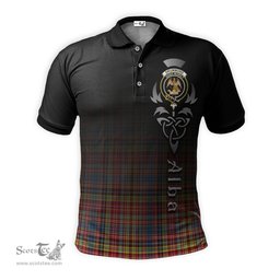ScotsTee Shop Scottish Drummond of Strathallan Modern Clan Crest Tartan Polo Shirt Featuring Alba Gu Brath Scotland Forever and Ever Celtic Cross