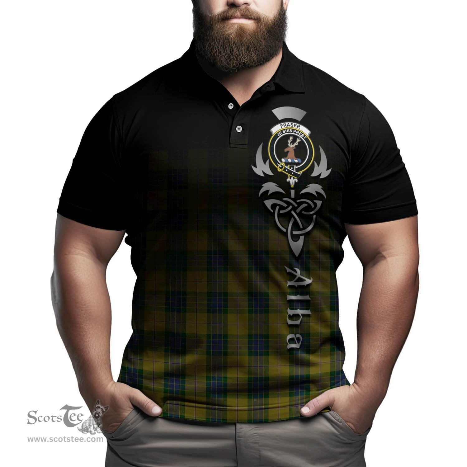 ScotsTee Shop Scottish Fraser Yellow Clan Crest Tartan Polo Shirt Featuring Alba Gu Brath Scotland Forever and Ever Celtic Cross