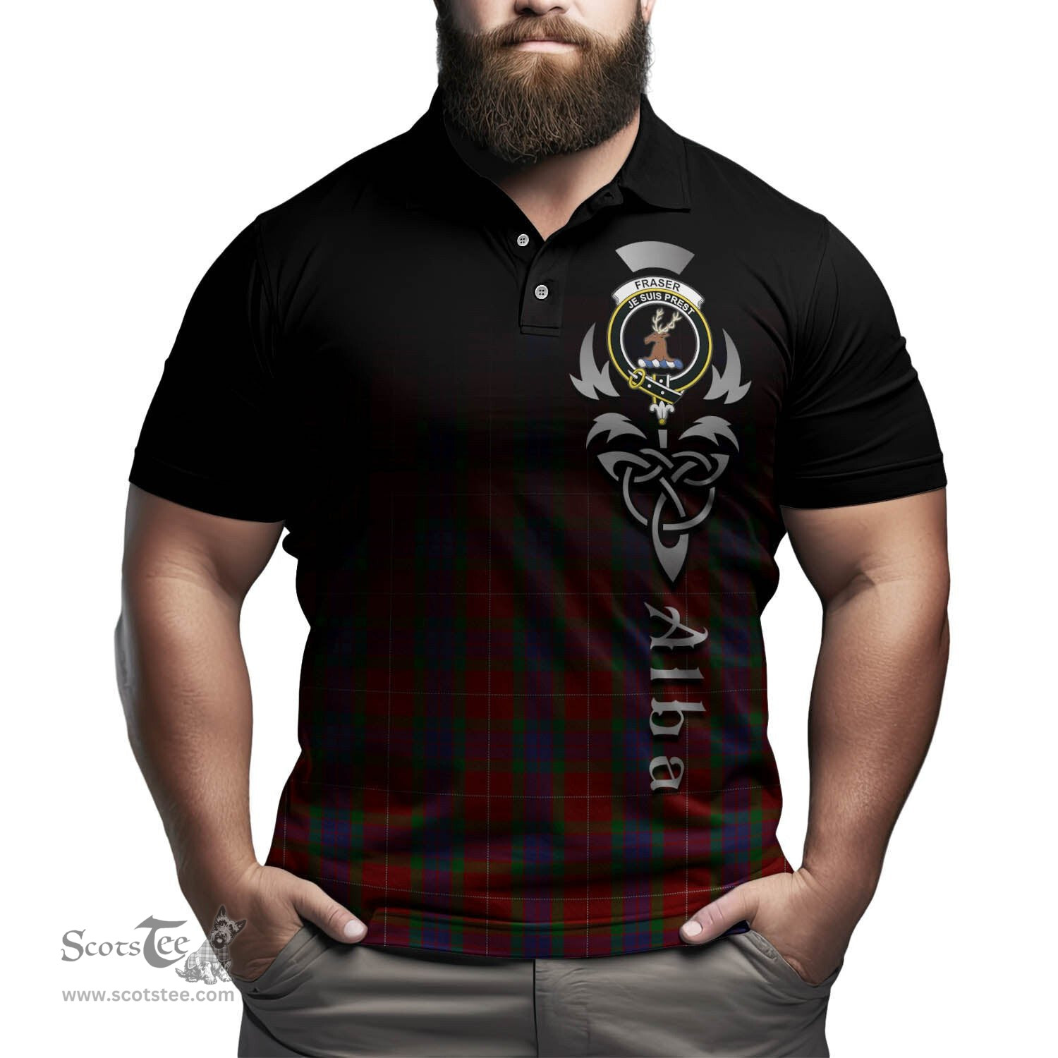 ScotsTee Shop Scottish Fraser Clan Crest Tartan Polo Shirt Featuring Alba Gu Brath Scotland Forever and Ever Celtic Cross