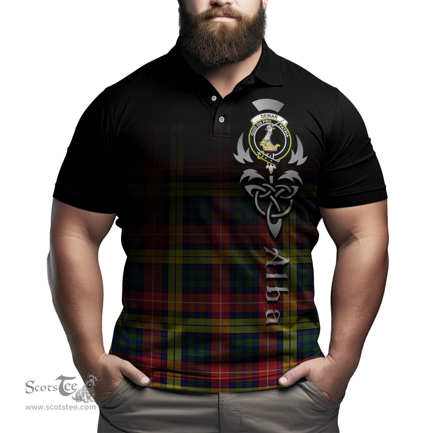 ScotsTee Shop Scottish Dewar Clan Crest Tartan Polo Shirt Featuring Alba Gu Brath Scotland Forever and Ever Celtic Cross
