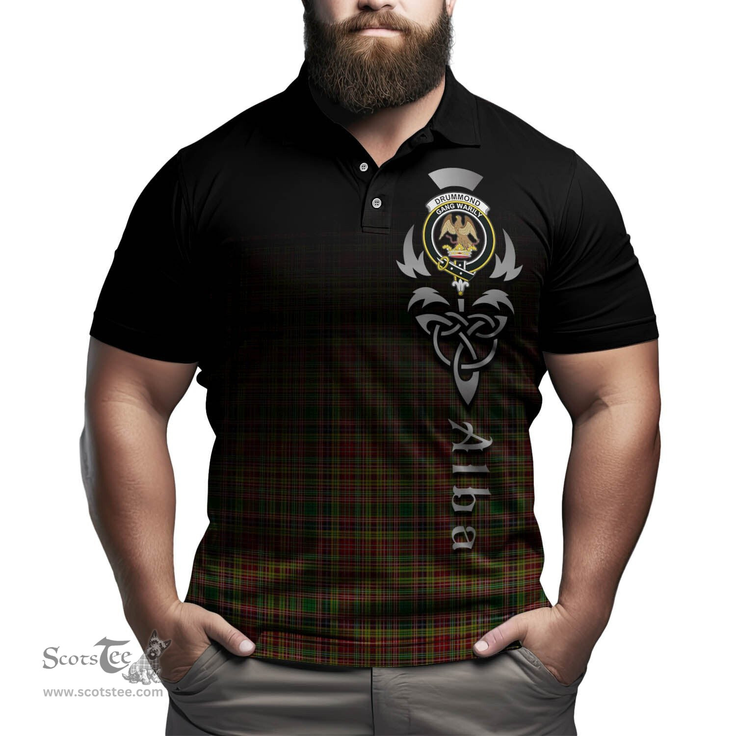 ScotsTee Shop Scottish Drummond of Strathallan Clan Crest Tartan Polo Shirt Featuring Alba Gu Brath Scotland Forever and Ever Celtic Cross