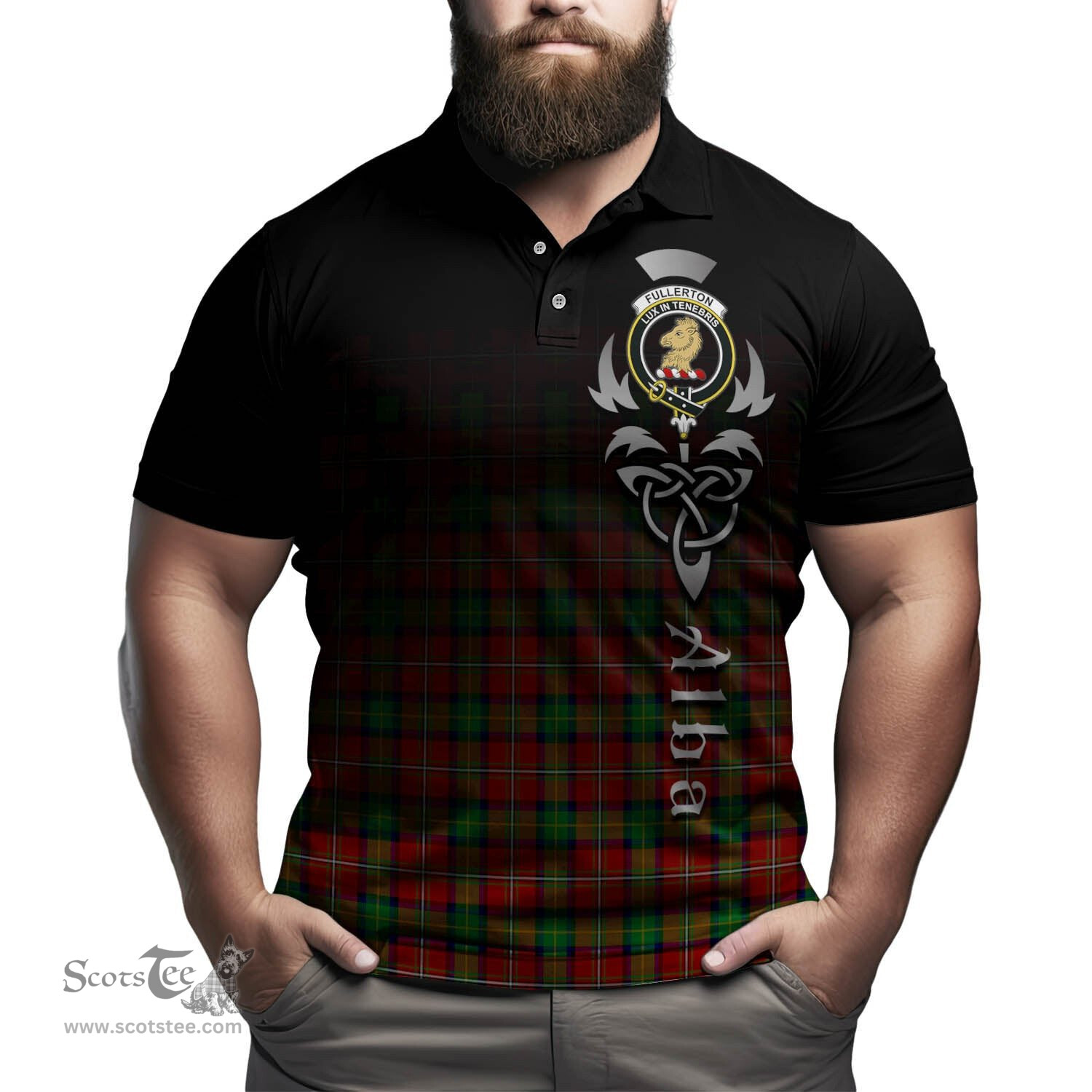 ScotsTee Shop Scottish Fullerton Clan Crest Tartan Polo Shirt Featuring Alba Gu Brath Scotland Forever and Ever Celtic Cross